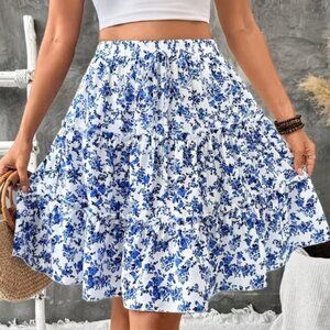 Floral Blue and White Ruffle Skirt